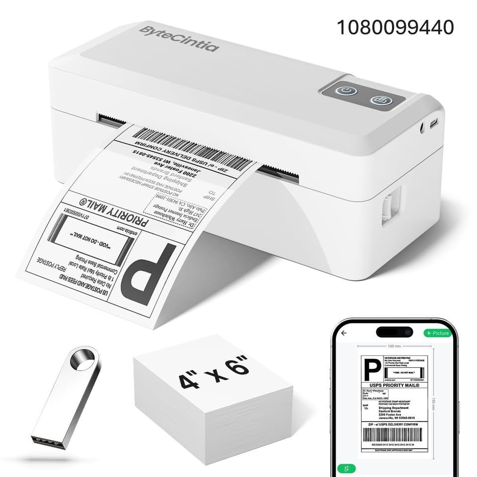 ByteCintia Bluetooth Thermal Shipping Label Printer, 4x6 Shipping Label Printer