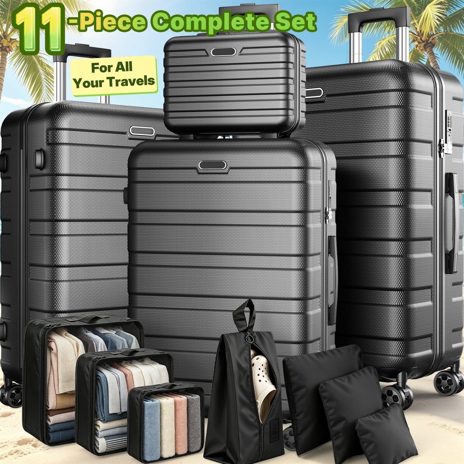 11-Piece Hardshell Luggage Set, 28/24/20 Spinner Suitcase, Carry-on, Toiletry Bag & Packing Cubes