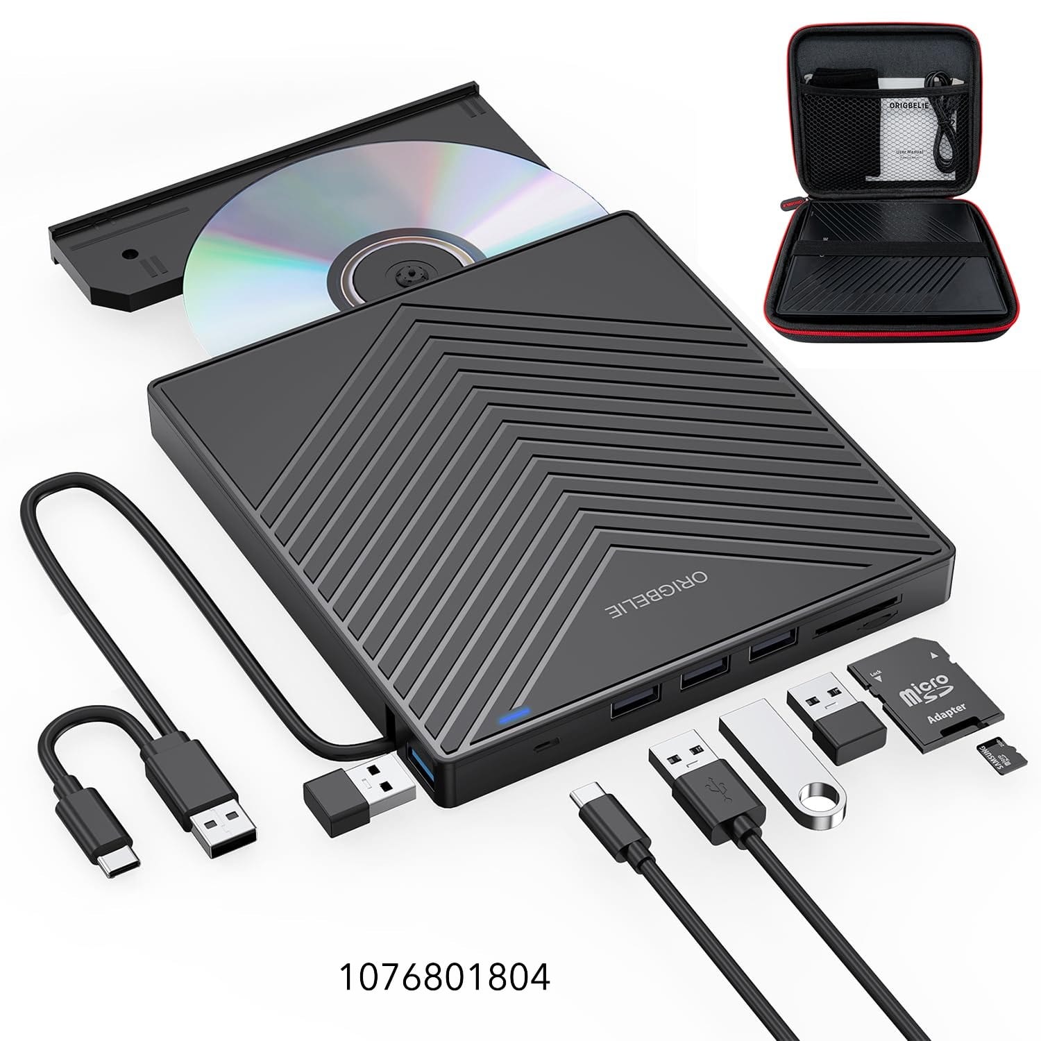 ORIGBELIE External CD DVD Drive, Ultra Slim CD Burner USB 3.0 with 4 USB Ports and 2 TF/SD