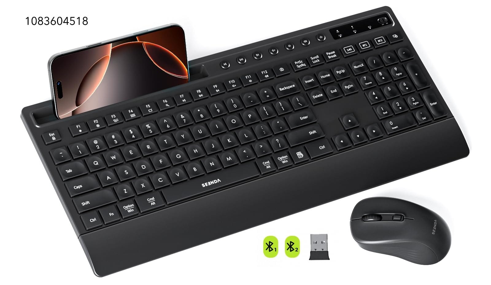 seenda Bluetooth Keyboard and Mouse Combo, Multi-Device Ergonomic Keyboard Mouse with Phone Holder