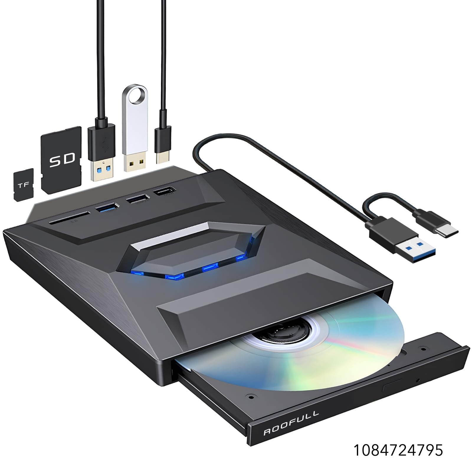 ROOFULL External CD DVD Drive with USB 3.0 Type-C Hub & SD Card Reader