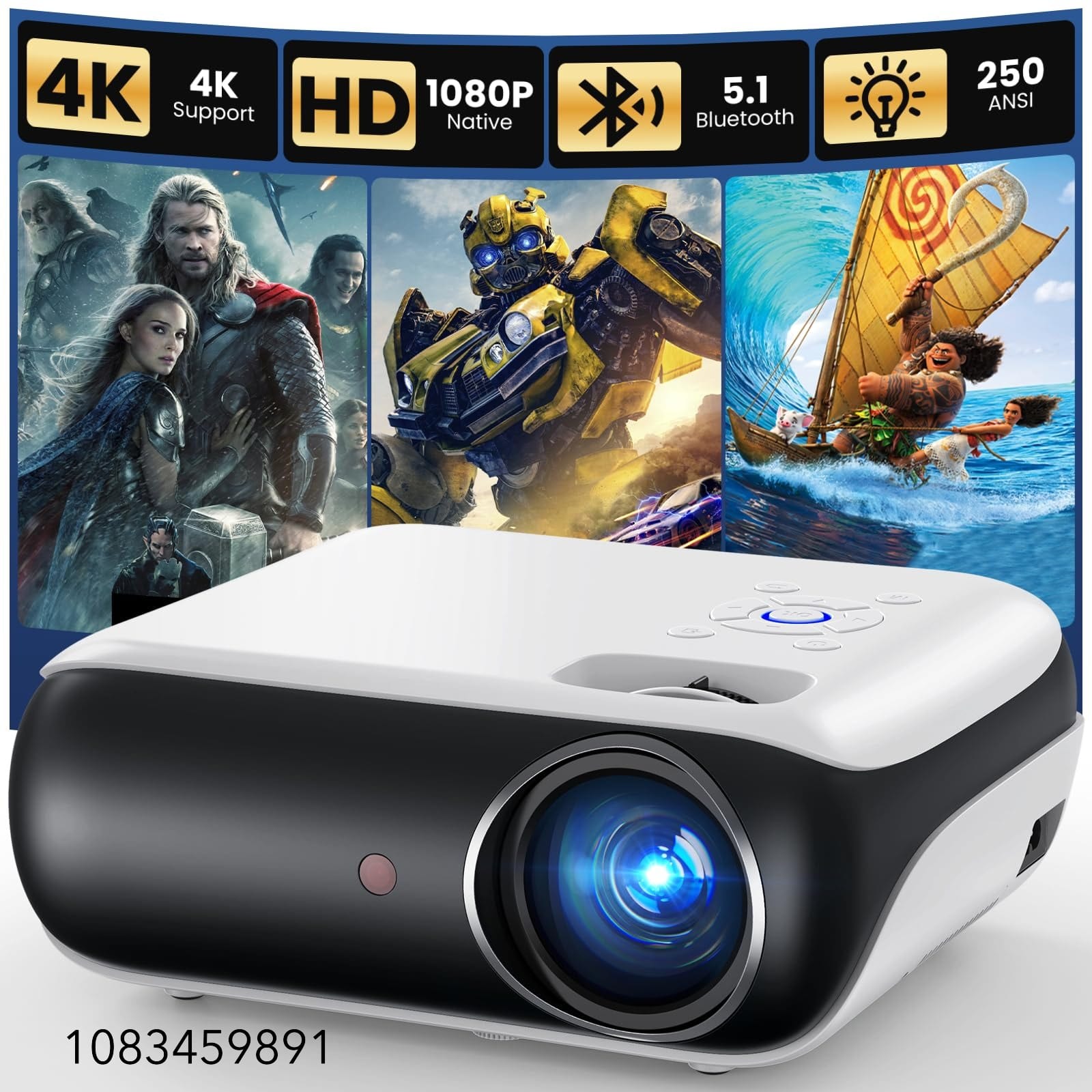 HAPPRUN Native 1080P Projector, Bluetooth Home Theater Movie Projector with Built-in Speaker
