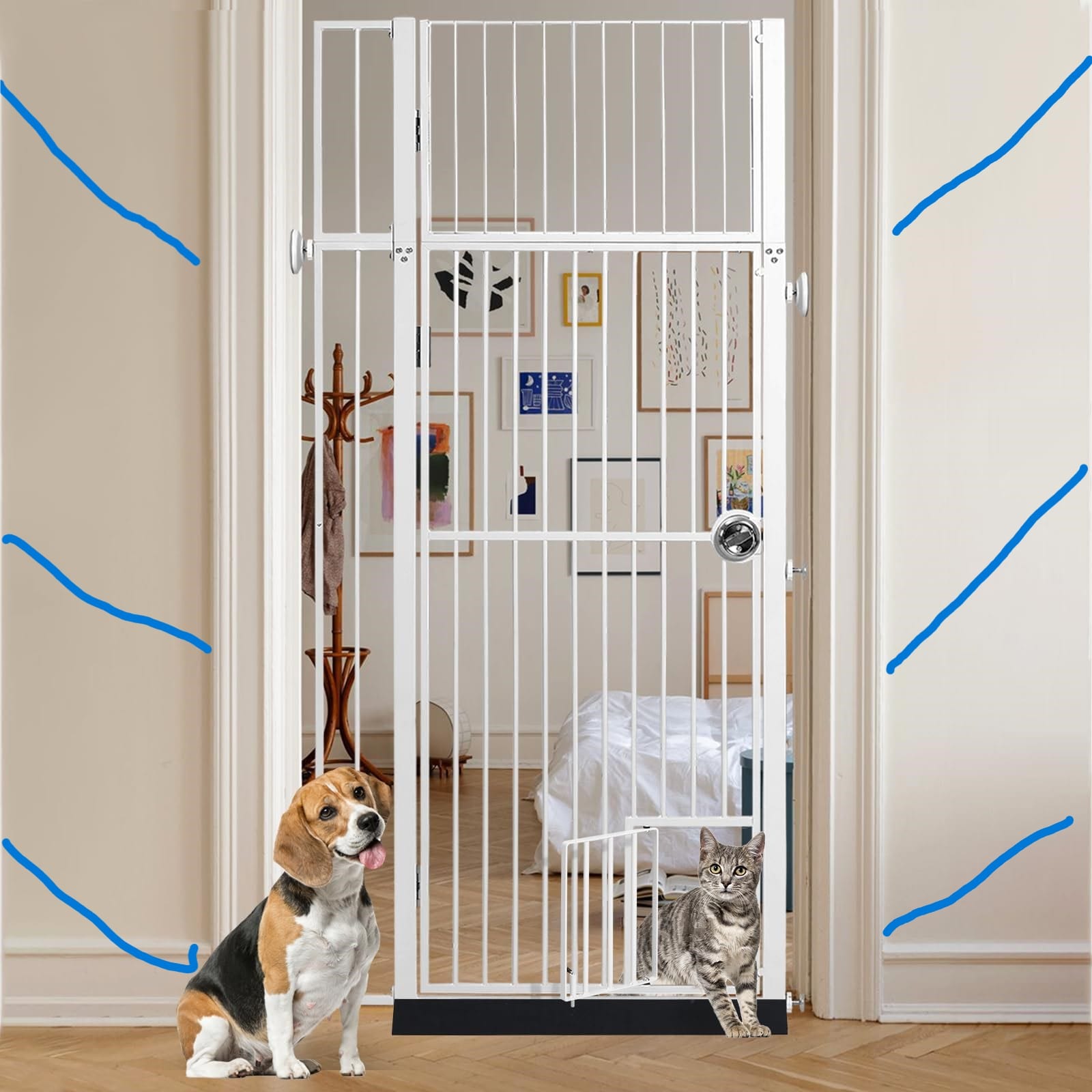 LitaiL 71" Extra Tall Pet Gate with Cat Door, Walk Through