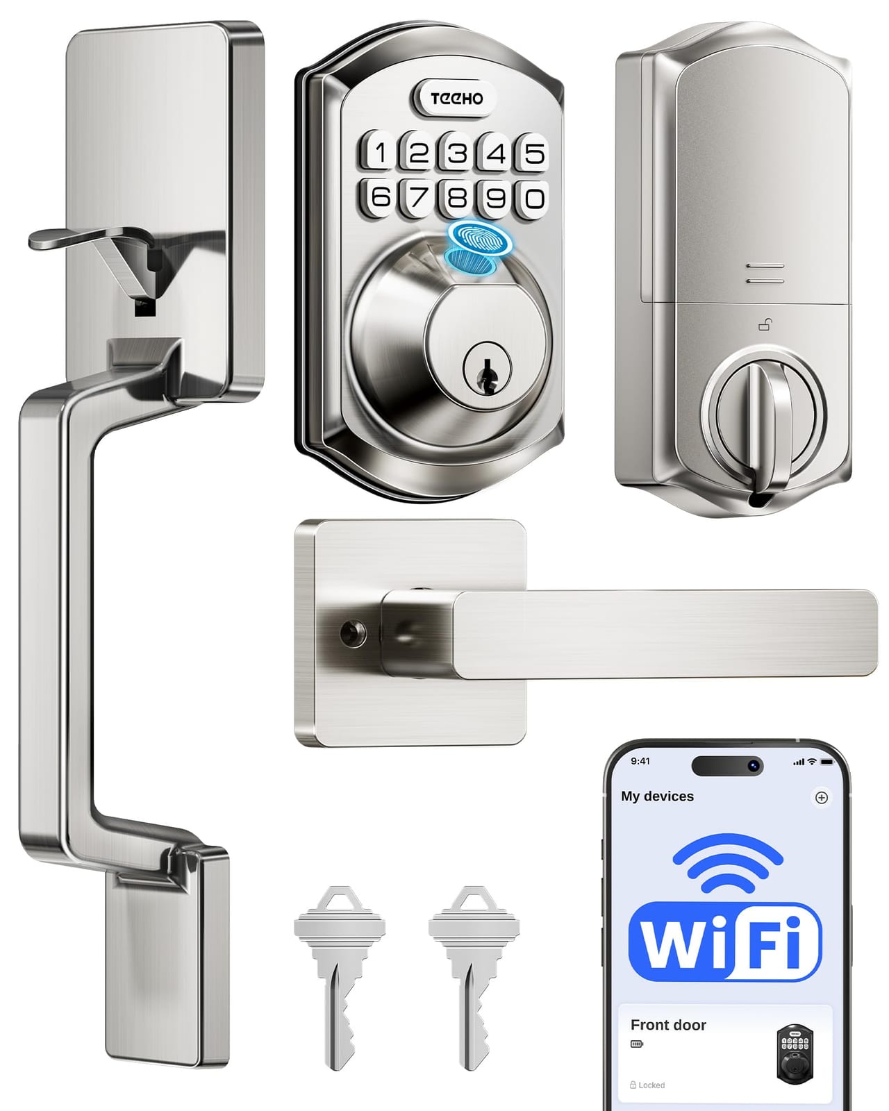 TEEHO TE012W-H Smart WiFi Fingerprint Door Lock, Satin Nickel